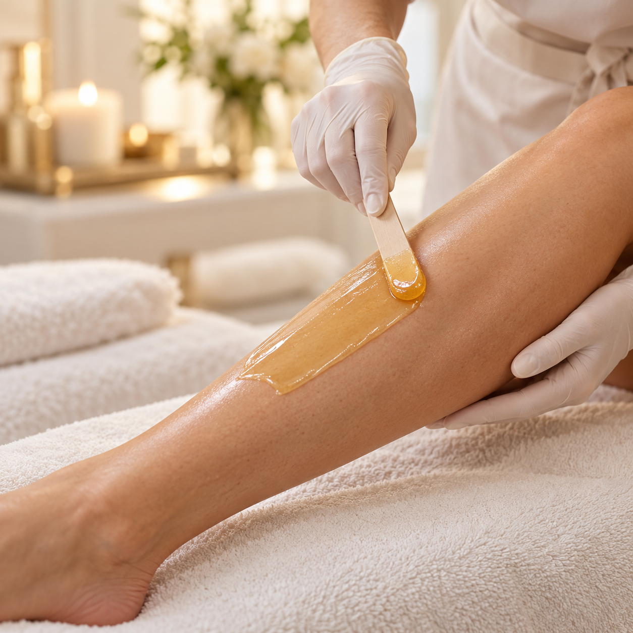 Illustrative lower-leg waxing treatment using a wooden spatula